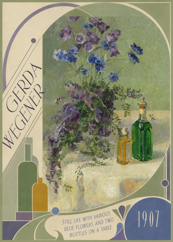 Gerda Wegener Still Life with Various Blue Flowers and Two Bottles on a Table No6 - Poszter