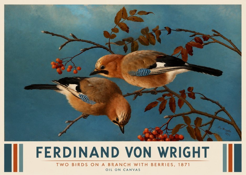 Ferdinand von Wright Two Birds on a Branch with Berries, 1871 No3 - Poszter