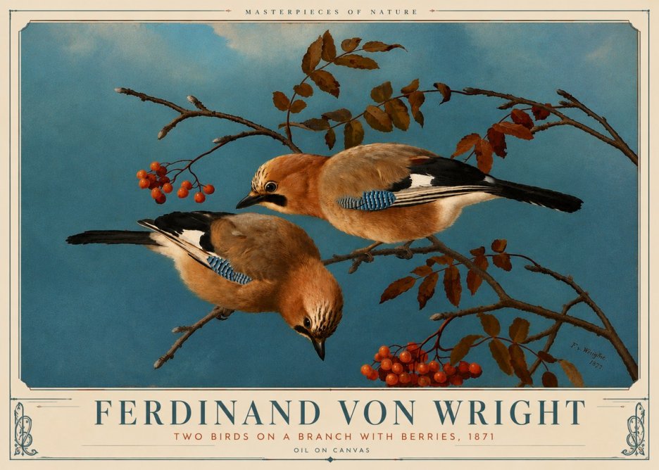 Ferdinand von Wright Two Birds on a Branch with Berries, 1871 No6 - Poszter