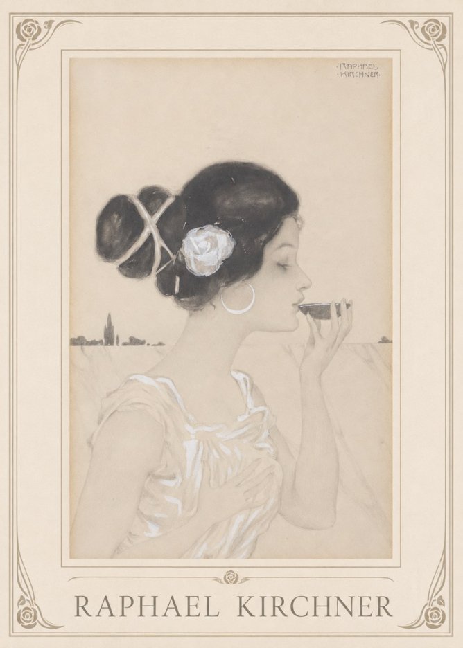 Raphael Kirchner Elegant Lady with Rose and Cup No1 - Poszter