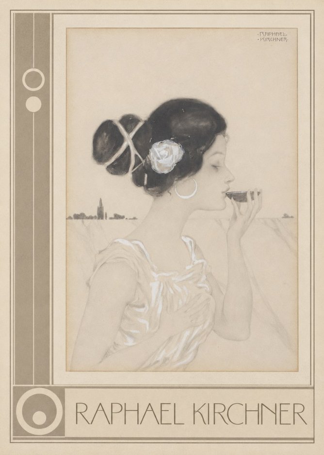 Raphael Kirchner Elegant Lady with Rose and Cup No3 - Poszter