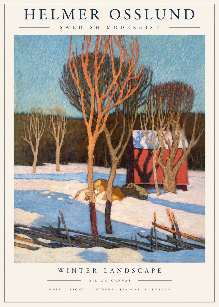 Helmer Osslund Winter Landscape with Red Barn No2 - Poszter