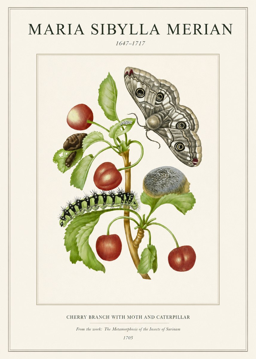 Maria Sibylla Merian Cherry Branch with Moth and Caterpillar No1 - Poszter