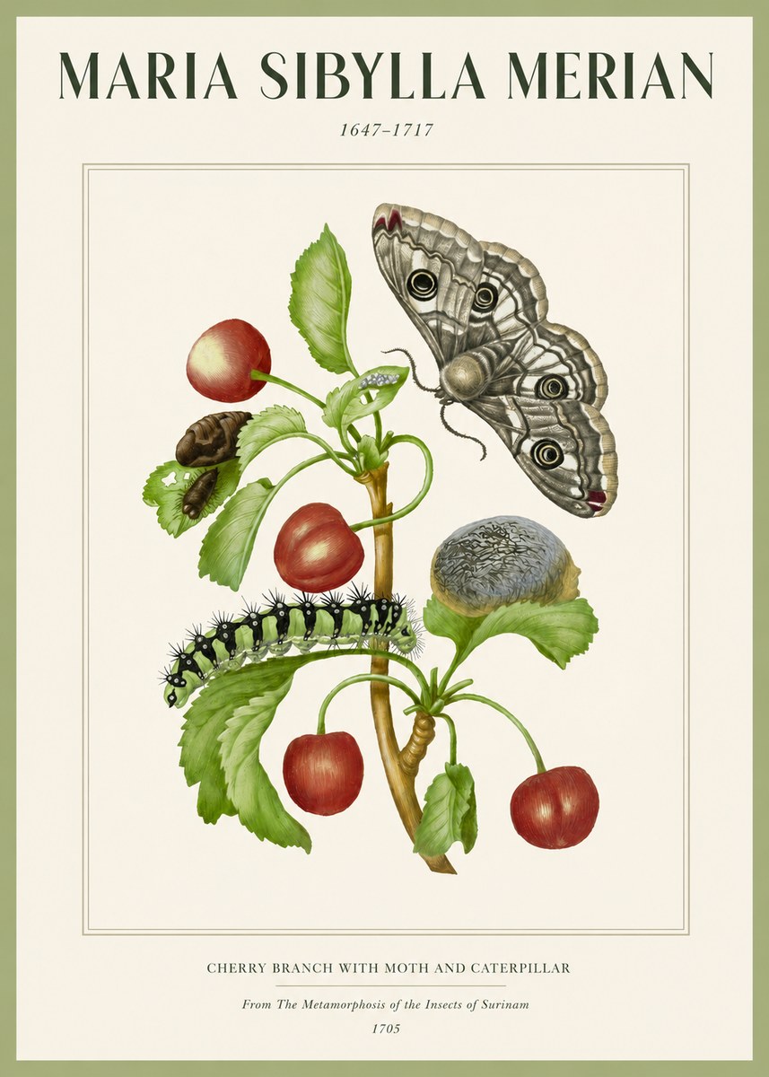 Maria Sibylla Merian Cherry Branch with Moth and Caterpillar No2 - Poszter