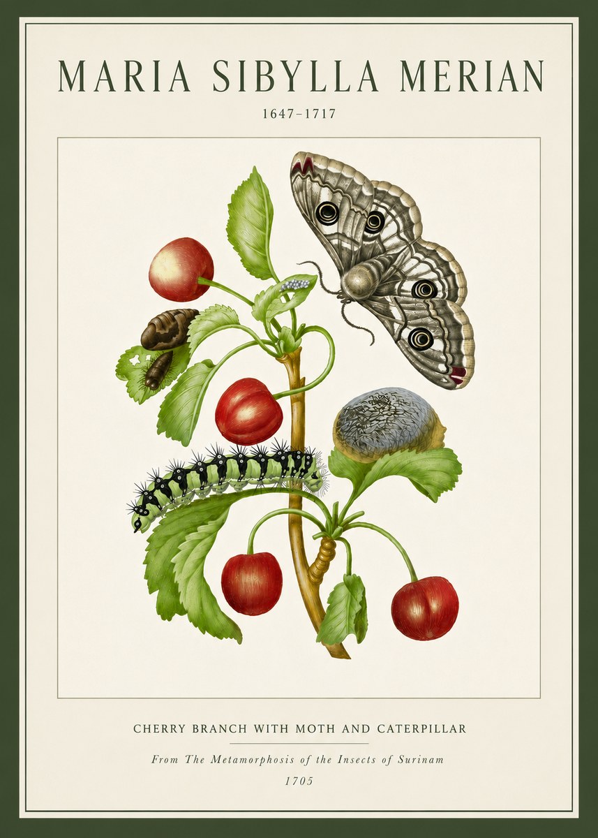 Maria Sibylla Merian Cherry Branch with Moth and Caterpillar No5 - Poszter