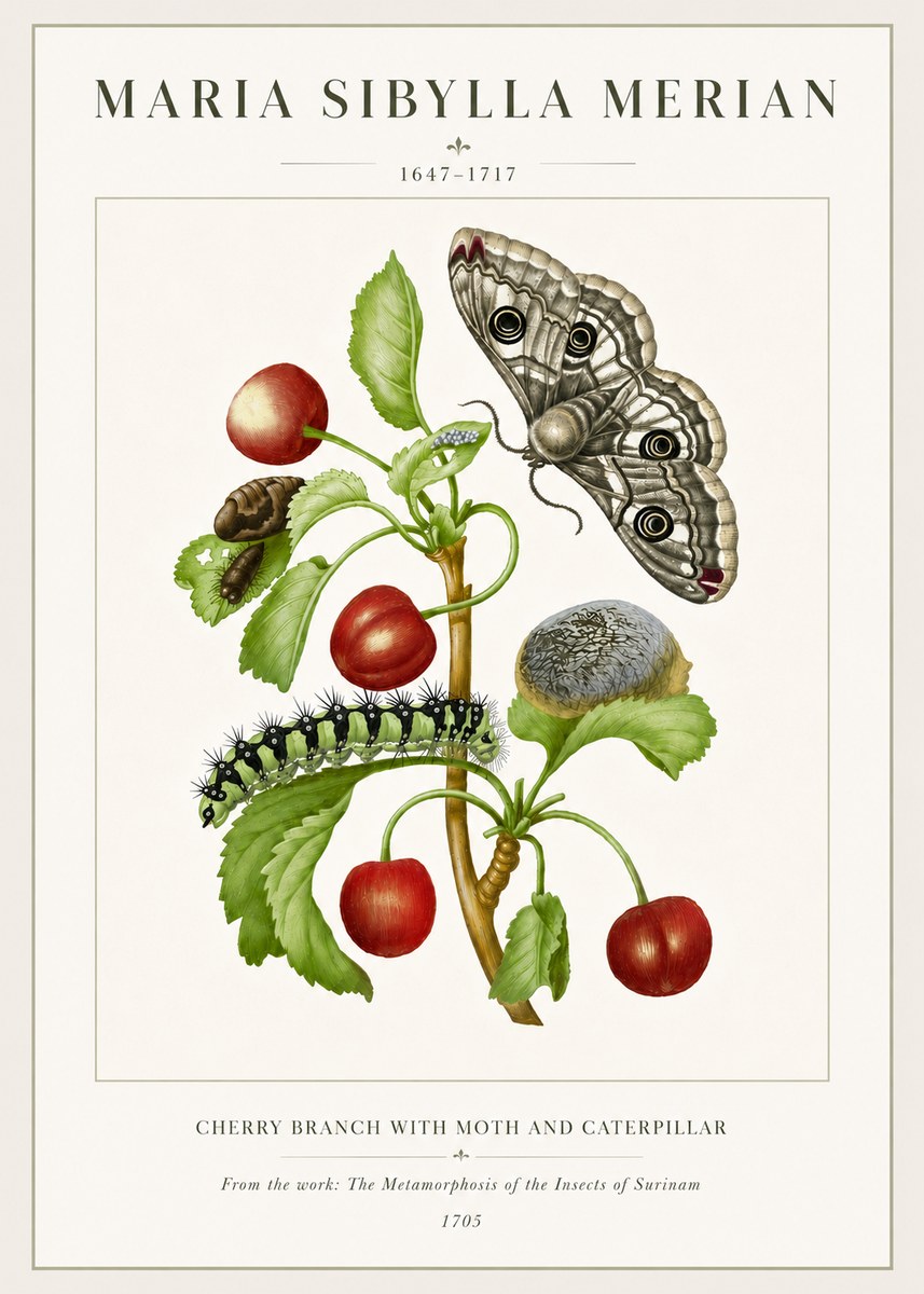 Maria Sibylla Merian Cherry Branch with Moth and Caterpillar No6 - Poszter