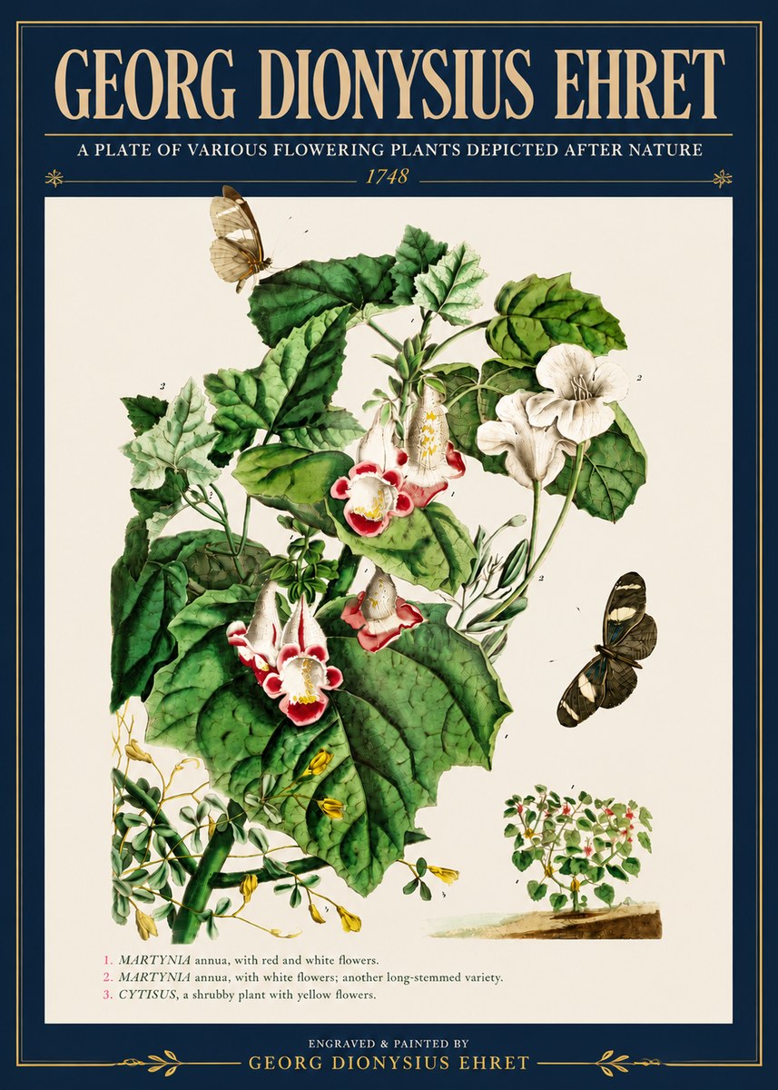 Georg Dionysius Ehret A Plate of Various Flowering Plants Depicted After Nature 1748 No4 - Poszter