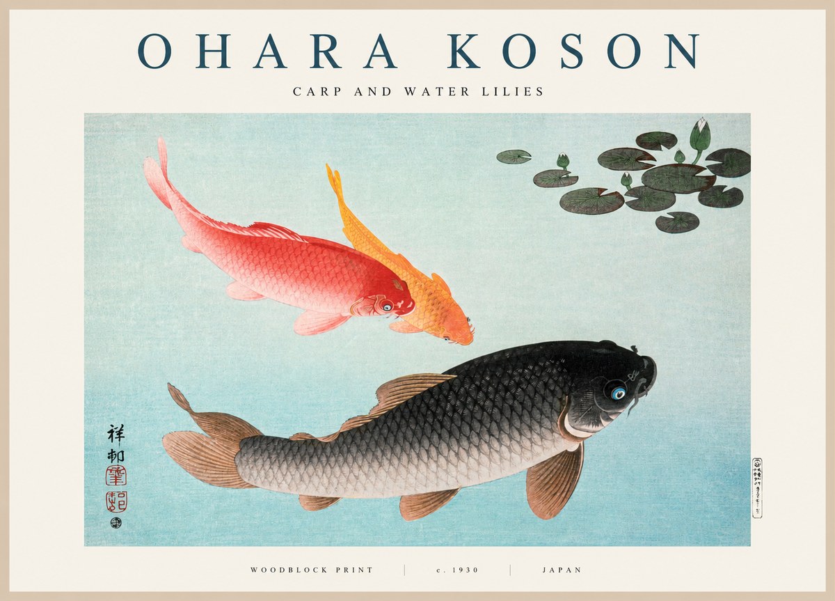 Ohara Koson Carp and Water Lilies No1 - Poszter