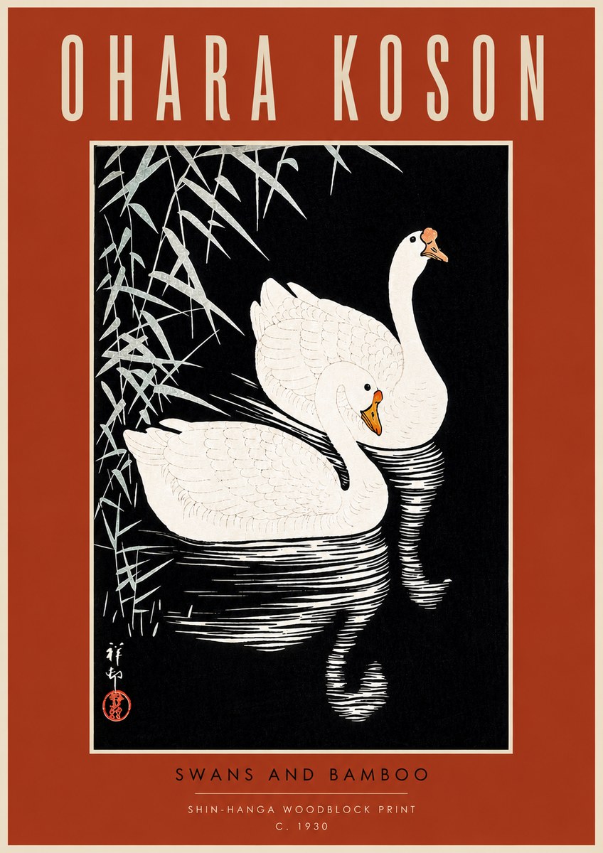 Ohara Koson Swans and Bamboo No4 - Poszter