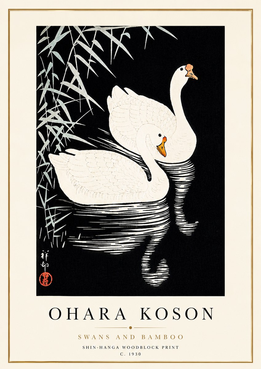 Ohara Koson Swans and Bamboo No5 - Poszter