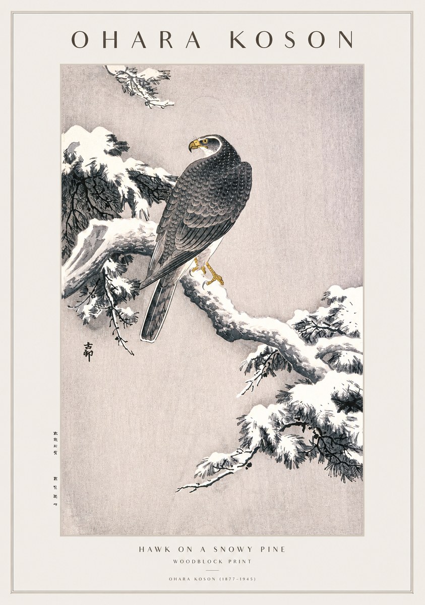 Ohara Koson Hawk on a Snowy Pine No1 - Poszter