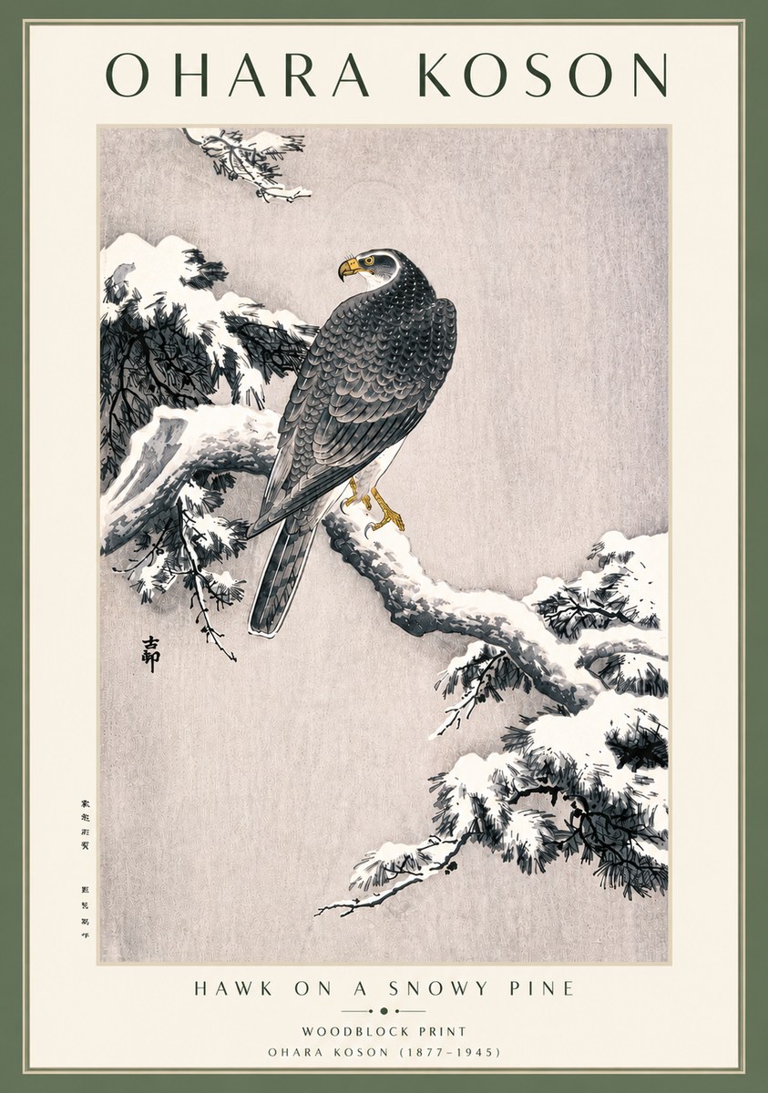 Ohara Koson Hawk on a Snowy Pine No3 - Poszter