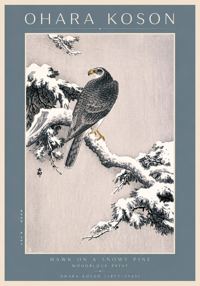 Ohara Koson Hawk on a Snowy Pine No4 - Poszter