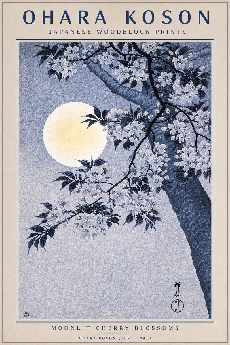 Ohara Koson Moonlit Cherry Blossoms No4 - Poszter