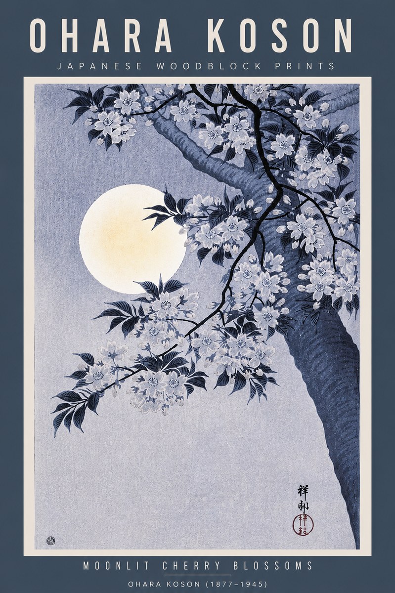 Ohara Koson Moonlit Cherry Blossoms No5 - Poszter