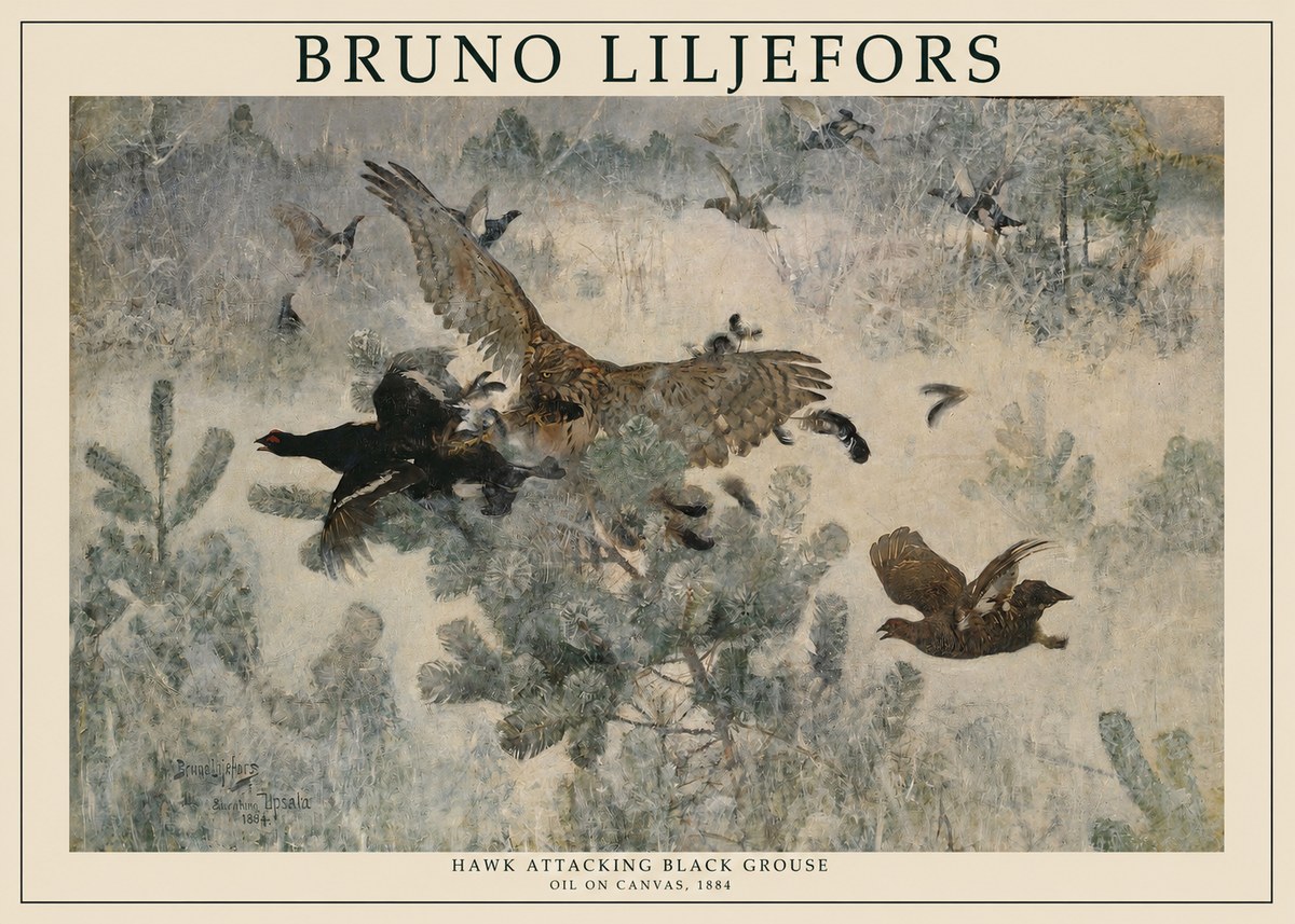 Bruno Liljefors Hawk Attacking Black Grouse No1 - Poszter