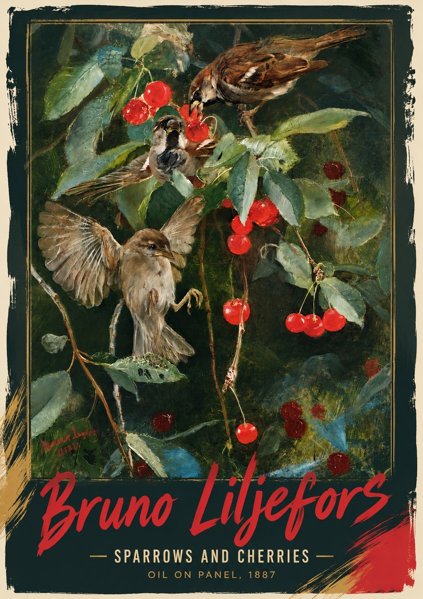 Bruno Liljefors Sparrows and Cherries No3 - Poszter