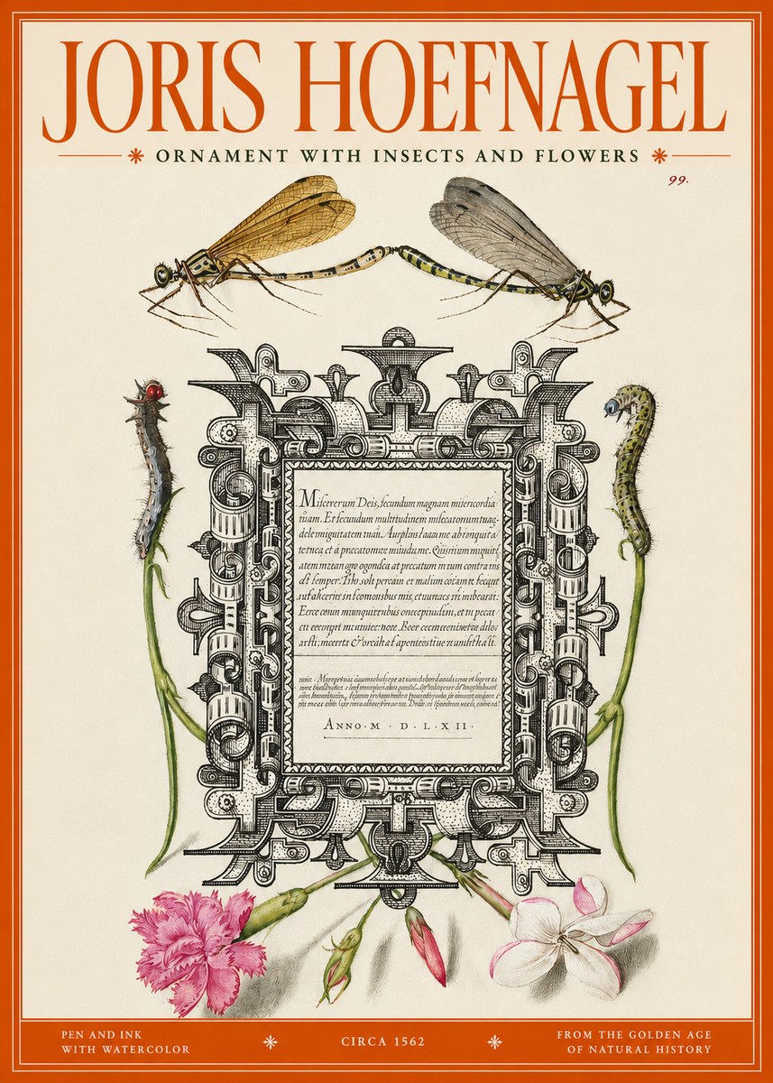 Joris Hoefnagel Ornamental Frame with Damselflies, Caterpillars and Flowers No3 - Poszter