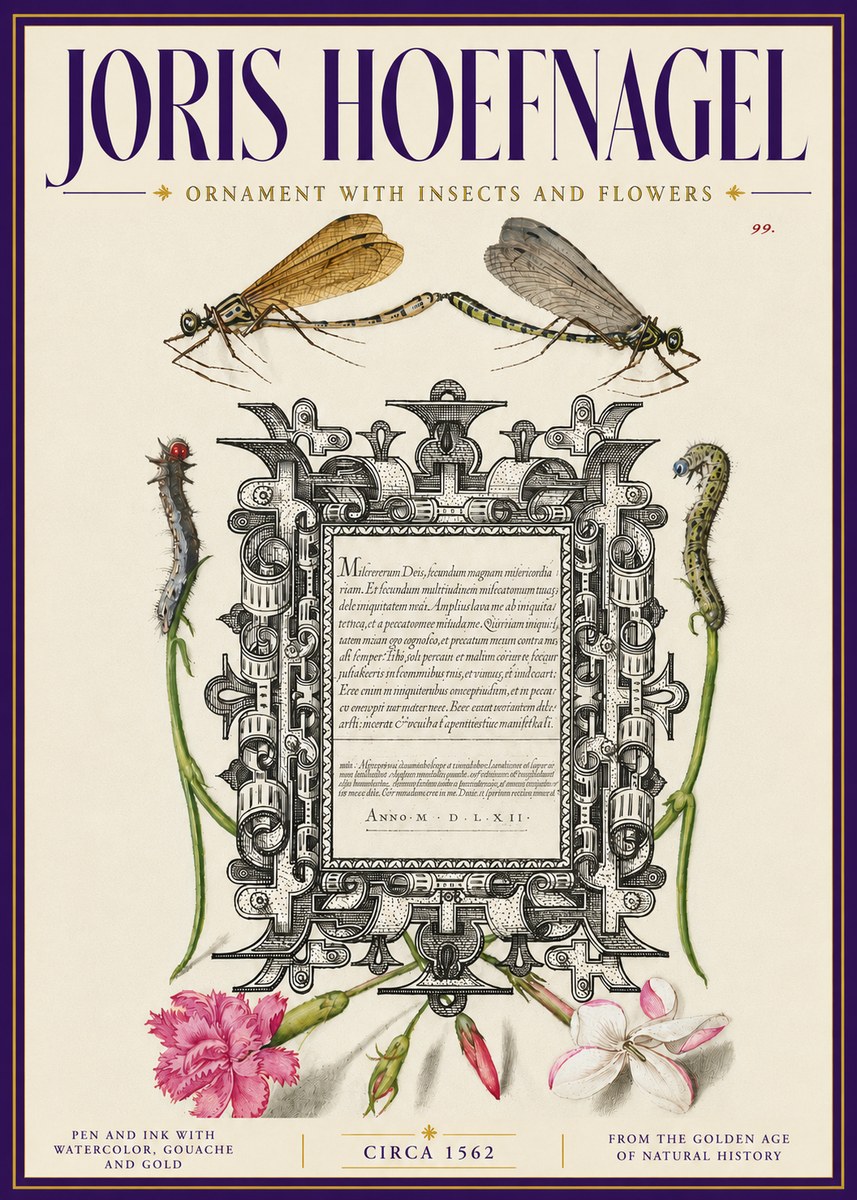 Joris Hoefnagel Ornamental Frame with Damselflies, Caterpillars and Flowers No6 - Poszter