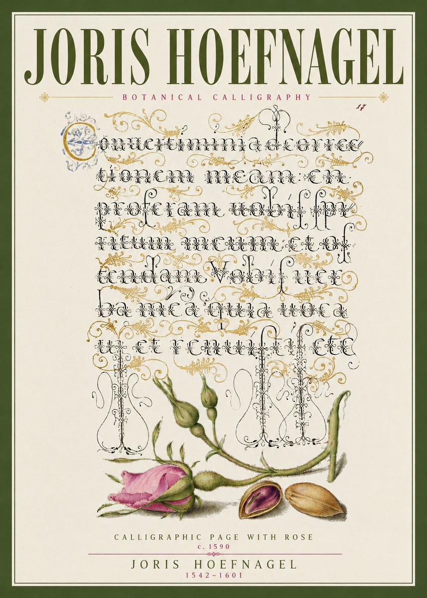Joris Hoefnagel Calligraphic Page with Rose No3 - Poszter