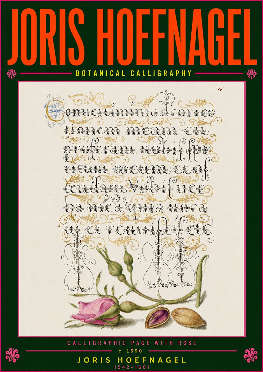 Joris Hoefnagel Calligraphic Page with Rose No5 - Poszter