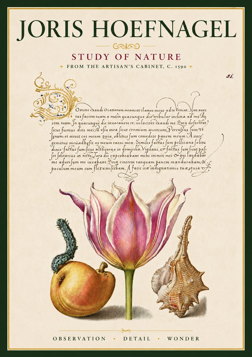 Joris Hoefnagel Tulip, Peach, Caterpillar & Seashell No6 - Poszter