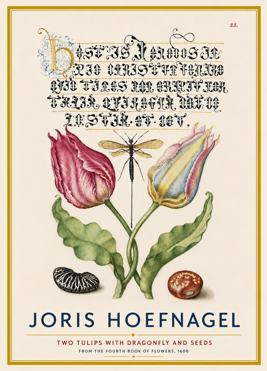 Joris Hoefnagel Two Tulips with Dragonfly and Seeds No4 - Poszter