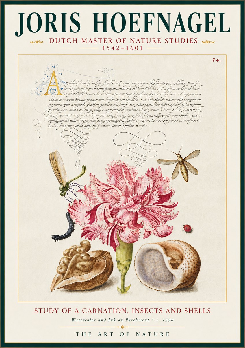 Joris Hoefnagel Study of a Carnation, Insects and Shells No5 - Poszter