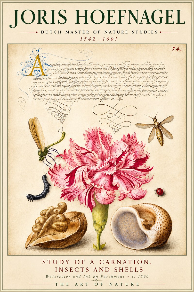 Joris Hoefnagel Study of a Carnation, Insects and Shells No6 - Poszter