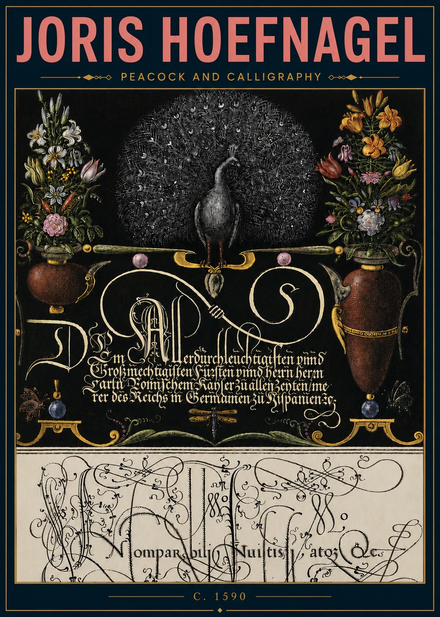 Joris Hoefnagel Peacock and Calligraphy No5 - Poszter