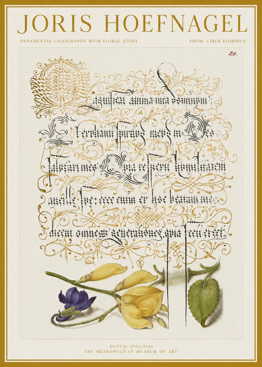 Joris Hoefnagel Ornamental Calligraphy with Floral Study No1 - Poszter