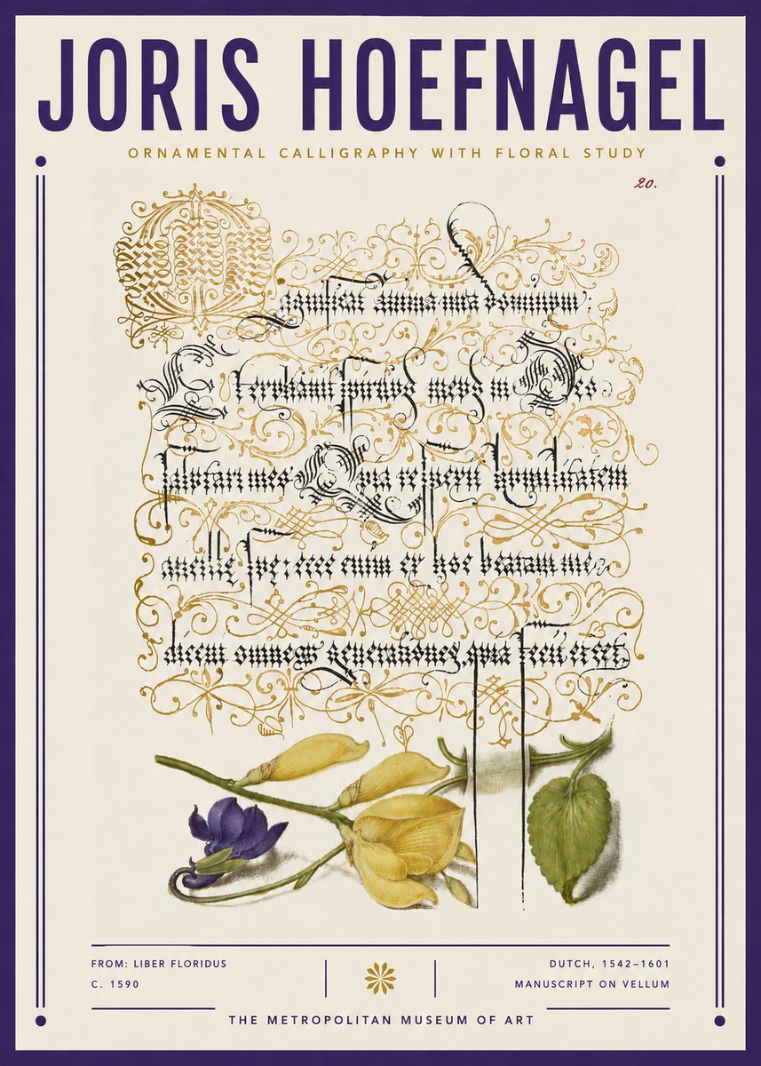 Joris Hoefnagel Ornamental Calligraphy with Floral Study No3 - Poszter