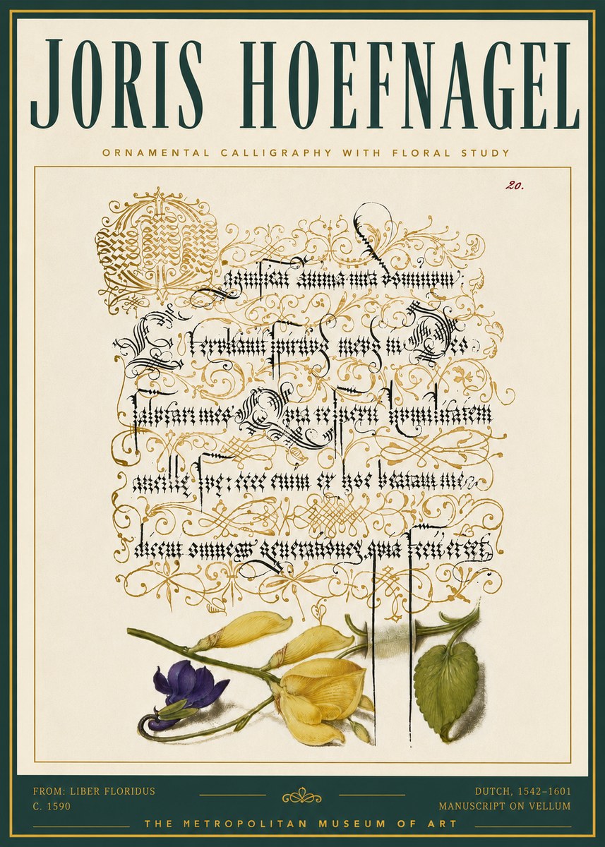 Joris Hoefnagel Ornamental Calligraphy with Floral Study No5 - Poszter