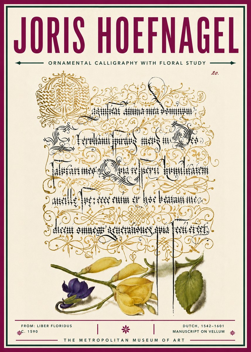Joris Hoefnagel Ornamental Calligraphy with Floral Study No6 - Poszter