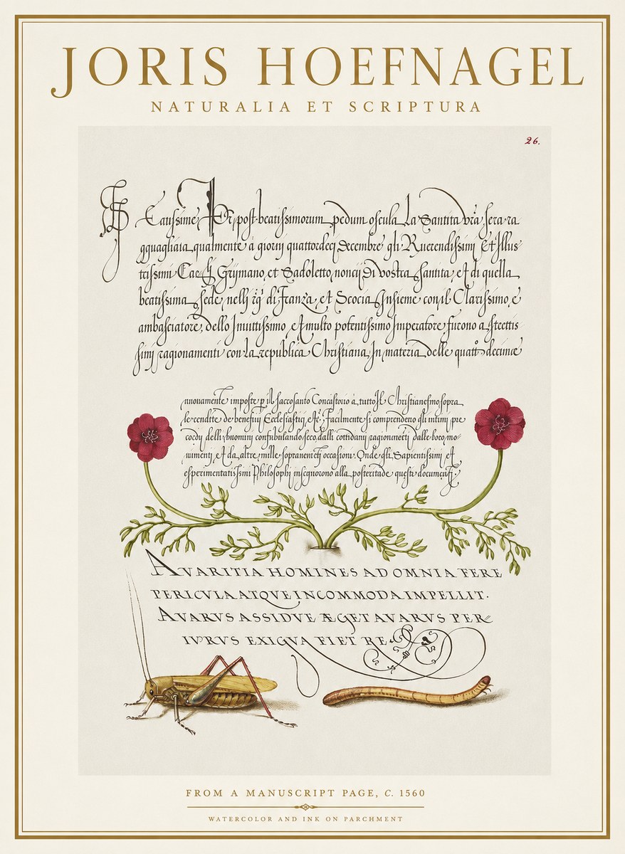 Joris Hoefnagel Illuminated Page with Flowers, Insects & Latin Script No2 - Poszter