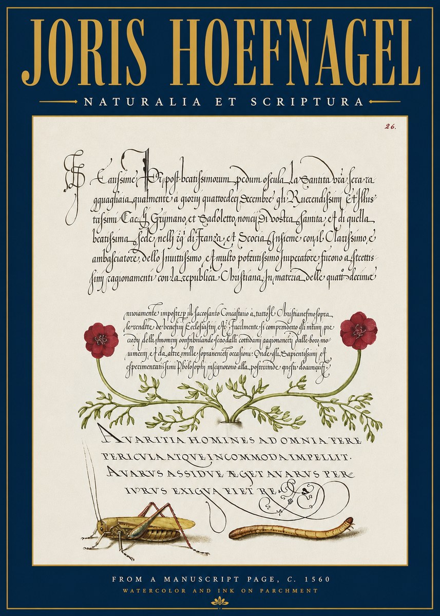 Joris Hoefnagel Illuminated Page with Flowers, Insects & Latin Script No4 - Poszter