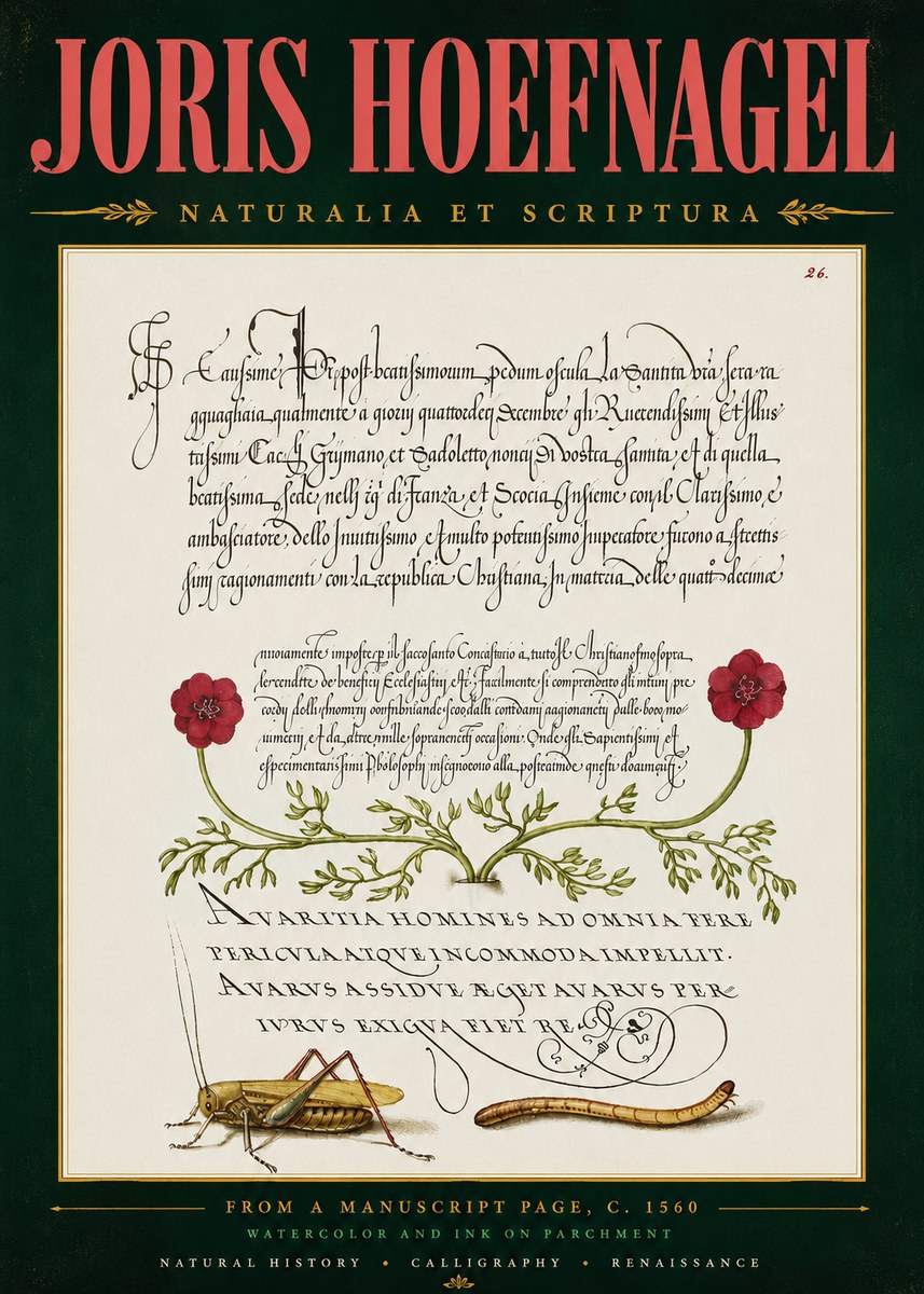 Joris Hoefnagel Illuminated Page with Flowers, Insects & Latin Script No5 - Poszter