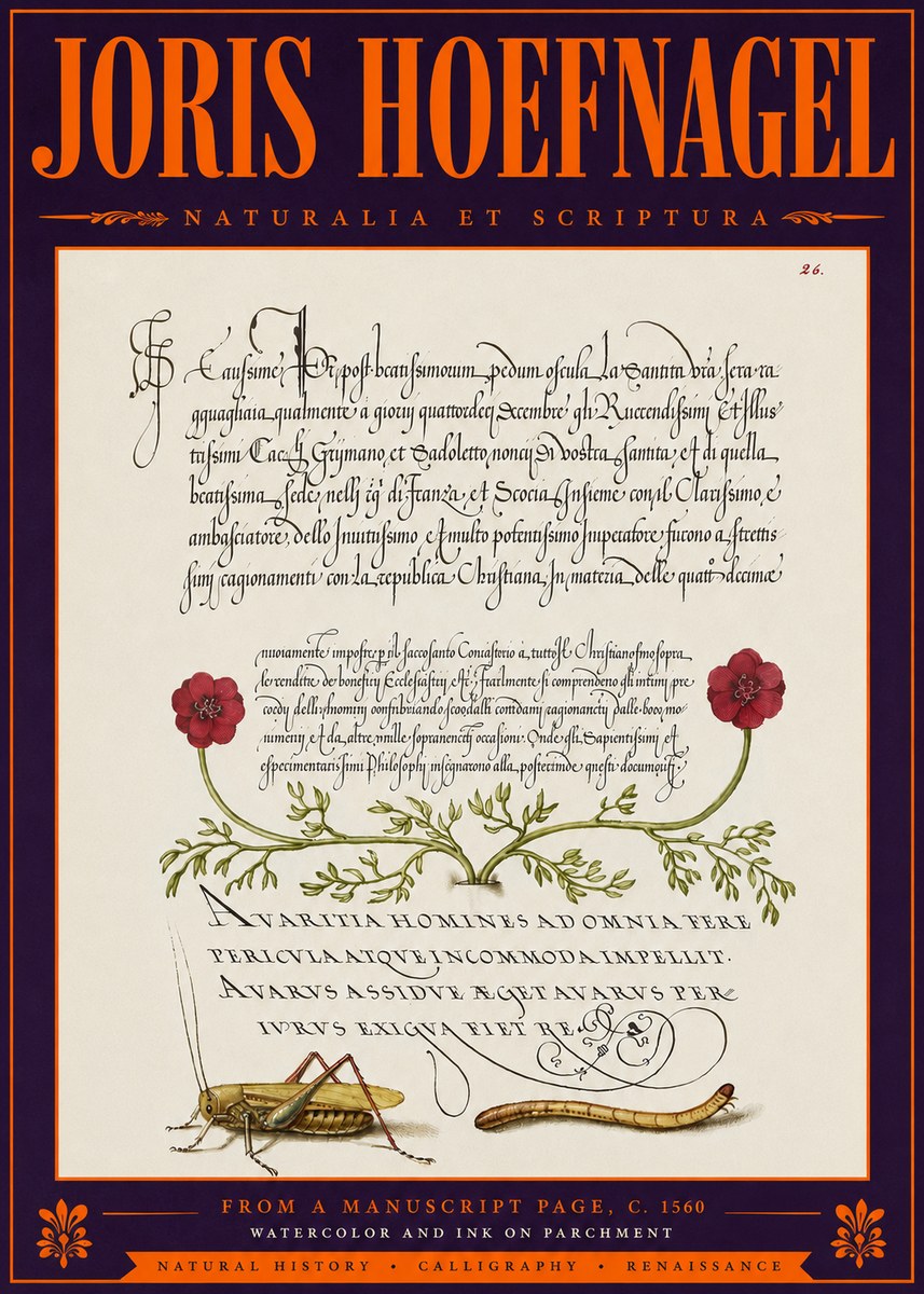 Joris Hoefnagel Illuminated Page with Flowers, Insects & Latin Script No6 - Poszter