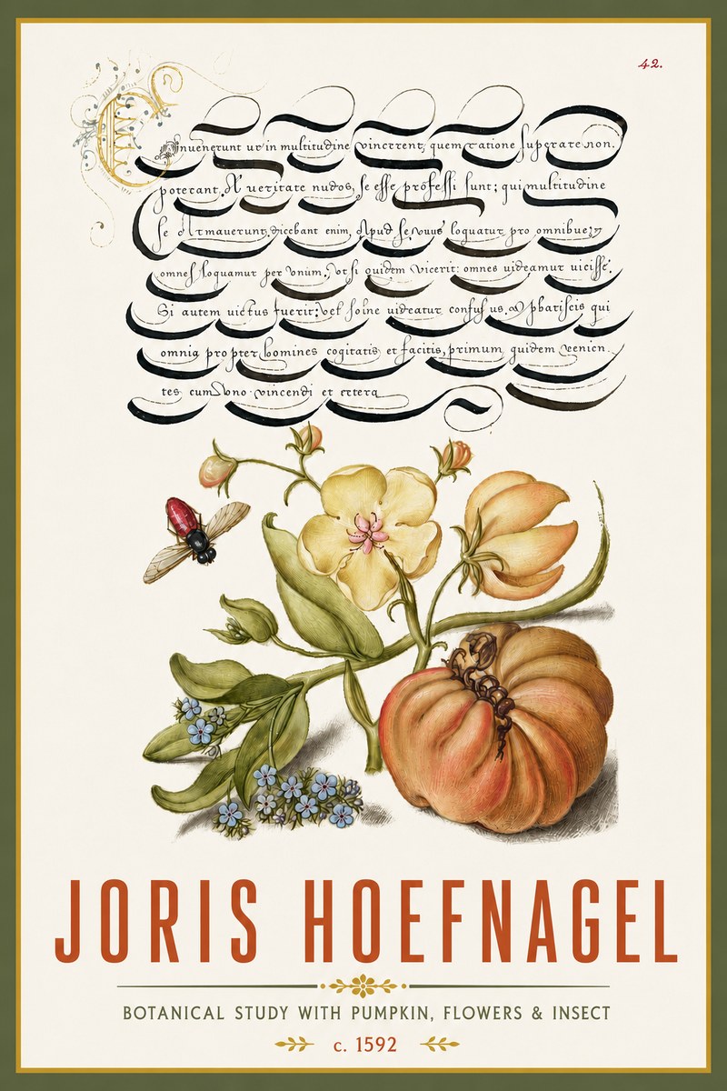 Joris Hoefnagel Botanical Study with Pumpkin, Flowers & Insect No4 - Poszter