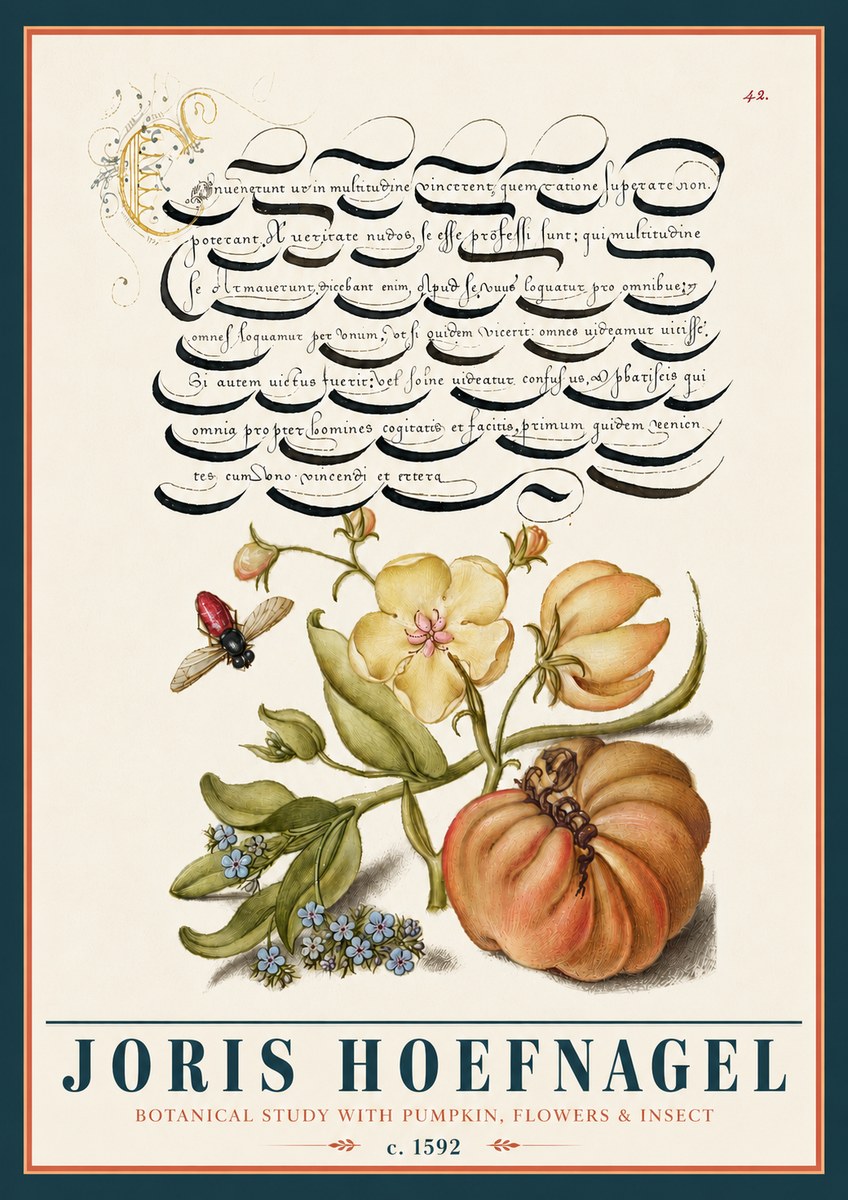 Joris Hoefnagel Botanical Study with Pumpkin, Flowers & Insect No5 - Poszter