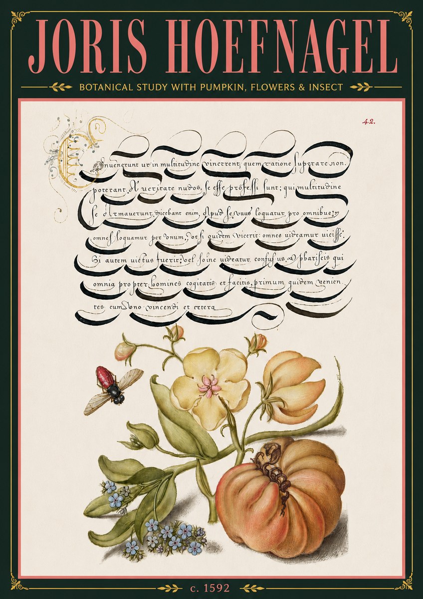 Joris Hoefnagel Botanical Study with Pumpkin, Flowers & Insect No6 - Poszter
