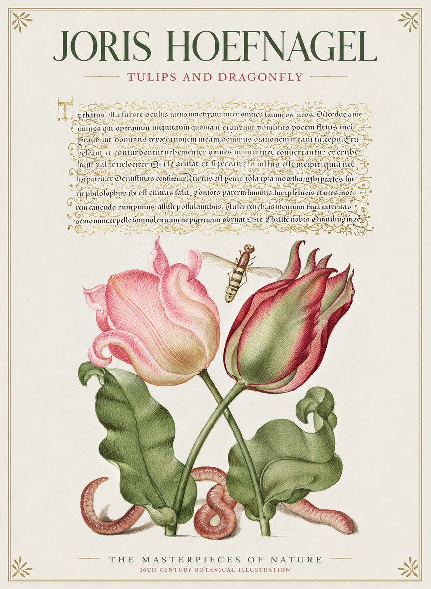 Joris Hoefnagel Two Tulips with Caterpillars and Dragonfly No2 - Poszter