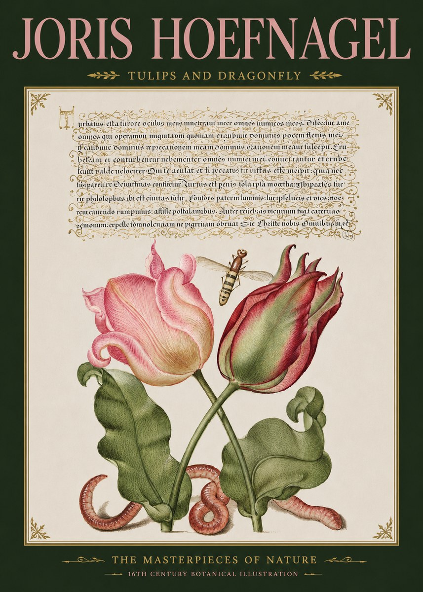 Joris Hoefnagel Two Tulips with Caterpillars and Dragonfly No5 - Poszter