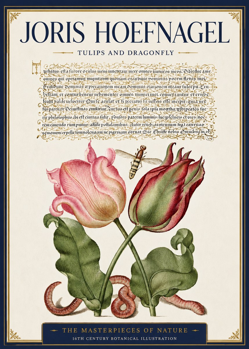 Joris Hoefnagel Two Tulips with Caterpillars and Dragonfly No6 - Poszter