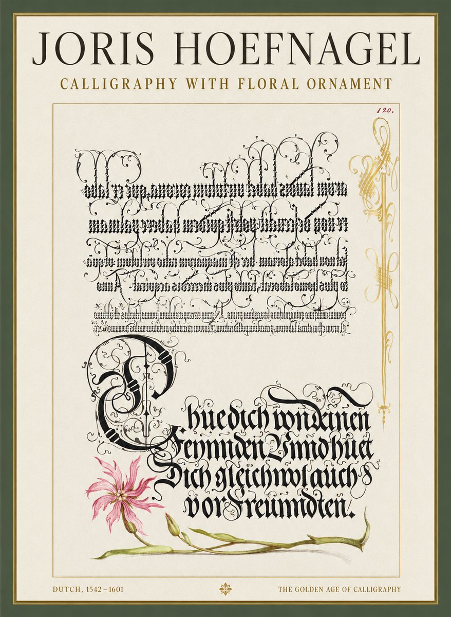 Joris Hoefnagel Calligraphy with Floral Ornament No1 - Poszter