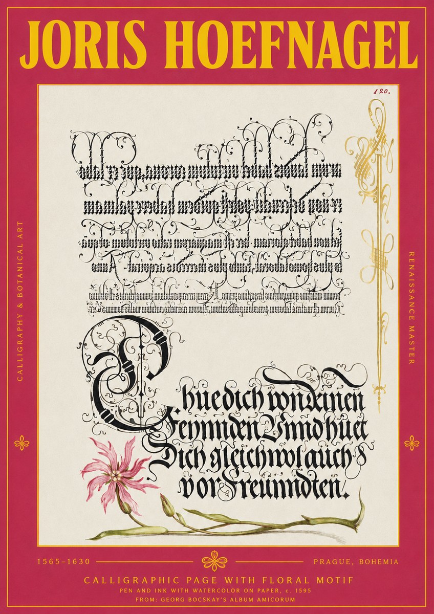 Joris Hoefnagel Calligraphy with Floral Ornament No4 - Poszter