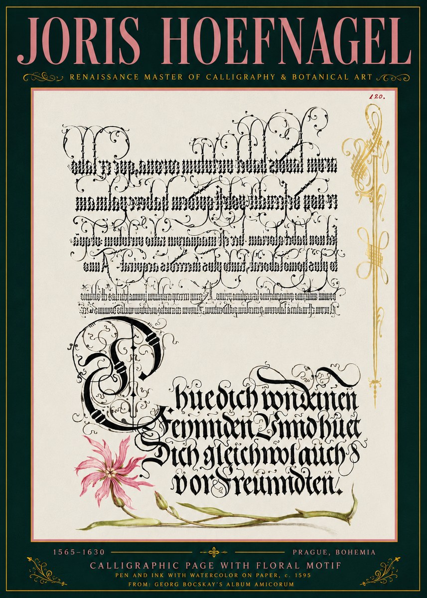 Joris Hoefnagel Calligraphy with Floral Ornament No6 - Poszter