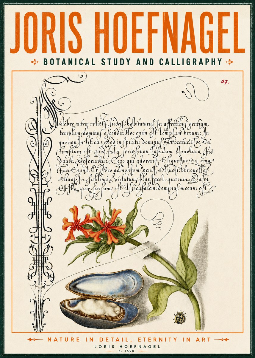 Joris Hoefnagel Botanical Study and Calligraphic Page No4 - Poszter