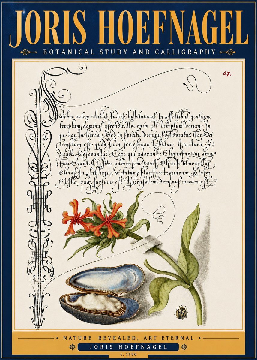 Joris Hoefnagel Botanical Study and Calligraphic Page No6 - Poszter