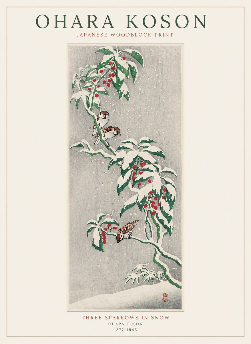 Ohara Koson Three Sparrows in Snow No1 - Poszter